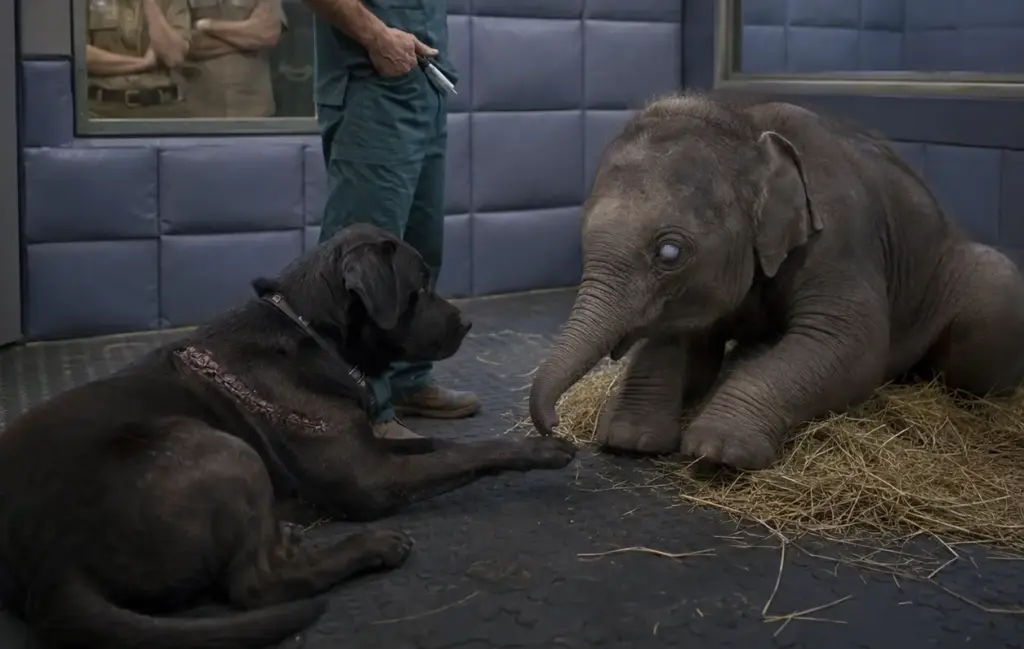 The blind baby elephant wouldn’t let any human near him! Then a grieving black dog entered the room—and the vet quietly reached for the emergency syringe...