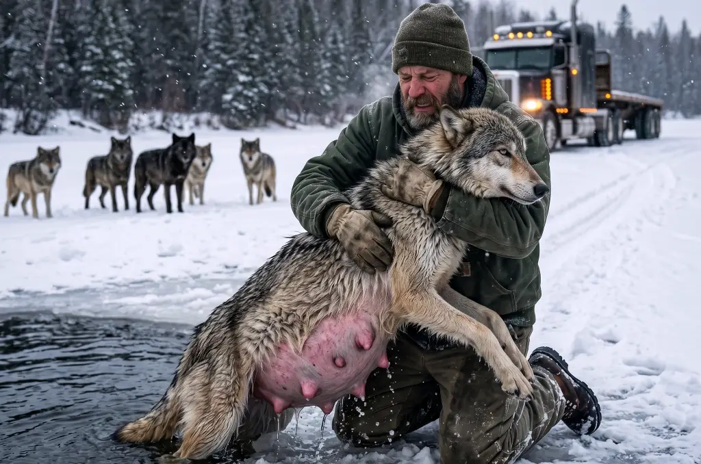 He Pulled Over for What He Thought Was a Drowning Dog… Then He Saw a Pregnant Wolf Fighting the Ice — and an Entire Pack Watching Him from the Shore