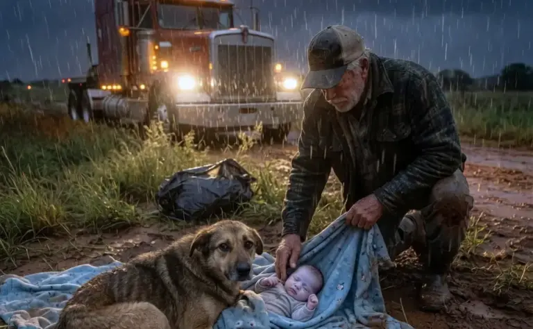 A Starving Dog Refused to Leave the Blue Blanket in the Freezing Ditch! When the Trucker Looked Closer, He Found the Reason...