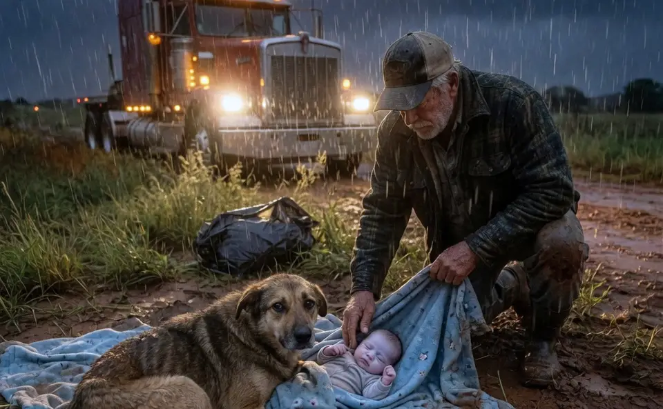 A Starving Dog Refused to Leave the Blue Blanket in the Freezing Ditch! When the Trucker Looked Closer, He Found the Reason...