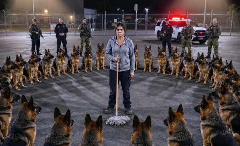They mocked the new cleaning lady and handed her a mop! Then fifty military dogs formed a silent circle around her — as if they knew who she really was...