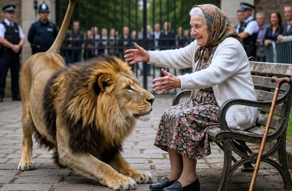 A 450-lb lion escaped the zoo and cornered an elderly woman on a park bench. When armed police arrived, they couldn't believe what she whispered to him...