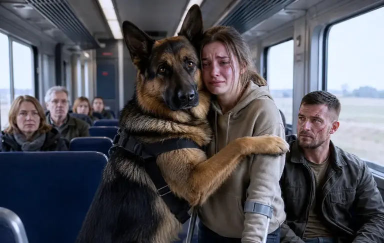 A German shepherd ignored every passenger on the train—until a disabled young woman sat down! Then he blocked the aisle like he already knew who had come for her...
