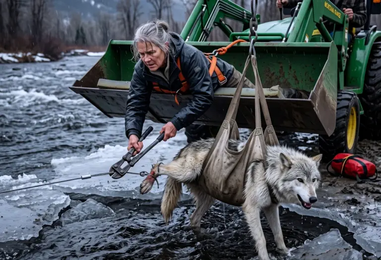 38 Years After the River Took Her Son, Mae Heard a Cable Ring Against the Ice! A Pregnant Wolf Was Drowning—So She Tied a Rescue Line Around Her Chest and Reached for the Bolt Cutters...