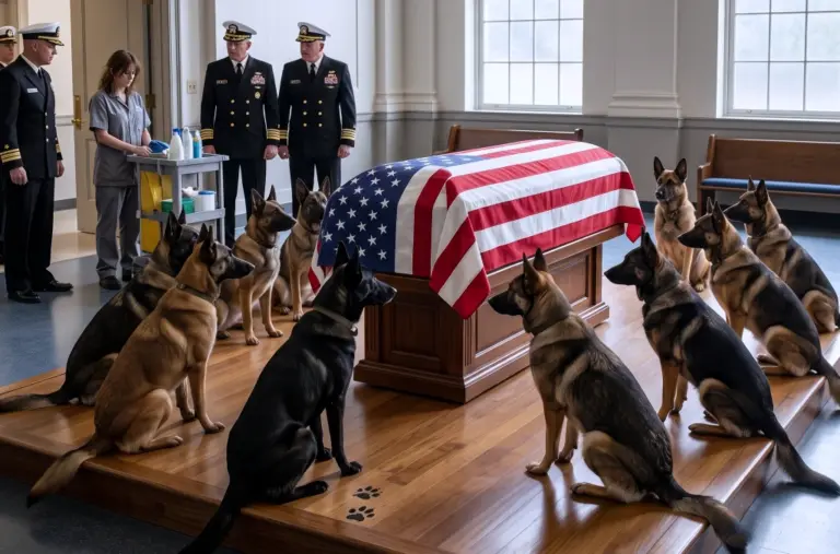 Twelve Military Dogs Surrounded Their Fallen Trainer’s Casket—Then the Janitor Walked In