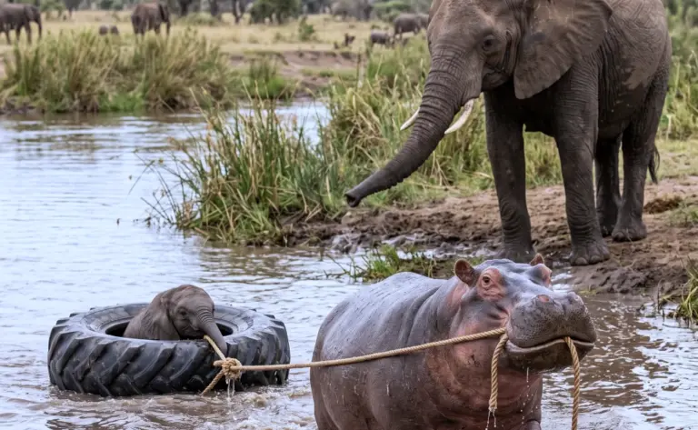 The Tire Was Floating in the Floodwater — Then the Baby Elephant’s Trunk Appeared