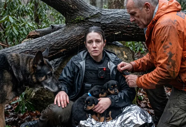 A Deputy Shielded Three Puppies Beneath a Fallen Oak—Then the Old Search Dog Found Her, and She Whispered, “Take My Body Camera Before the Sheriff Gets Here”