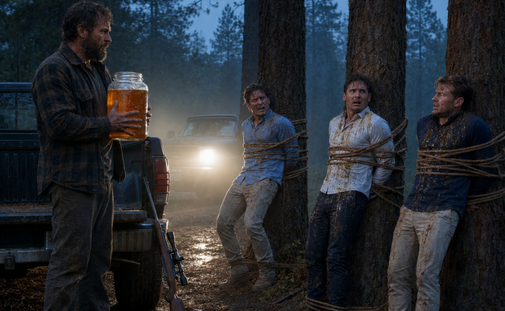 After seven years in prison for a rich man’s crime, Eli took three wealthy men into the forest! Then he set a glass jar of honey on the hood...