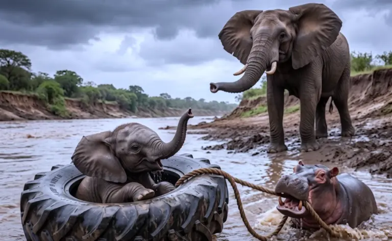 A Mother Elephant Could Only Watch From the Bank as Her Calf Drifted Away