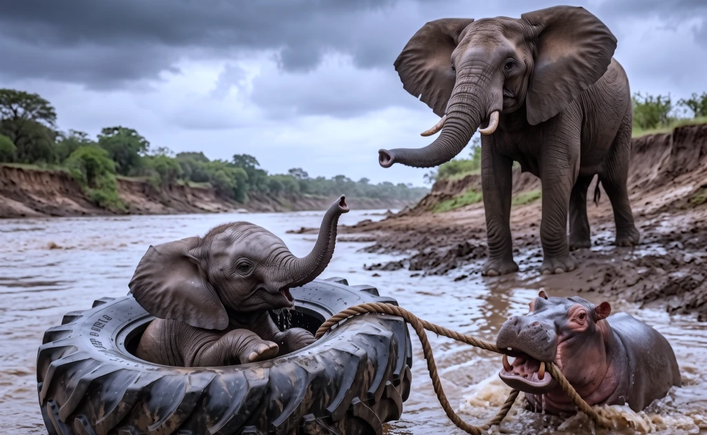 A Mother Elephant Could Only Watch From the Bank as Her Calf Drifted Away