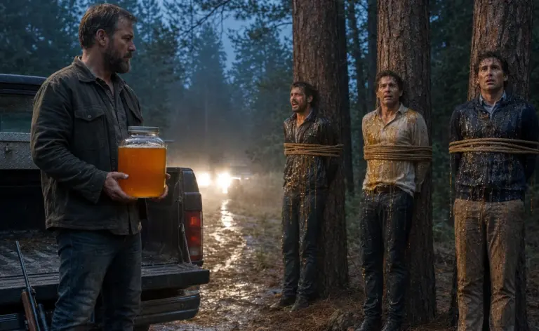 After seven years in prison for a rich man’s crime, Eli took three wealthy men into the forest! Then he set a glass jar of honey on the hood...