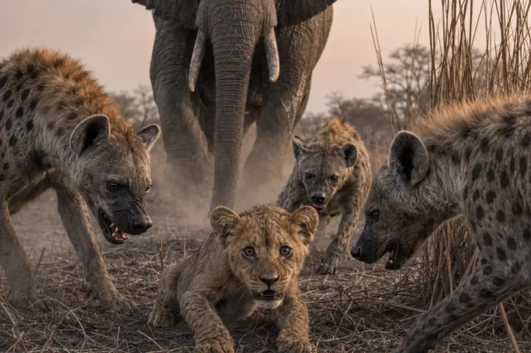Three hyenas closed in on the exhausted cub, but reserve policy kept the researchers from interfering! Then the aging elephant stopped walking...