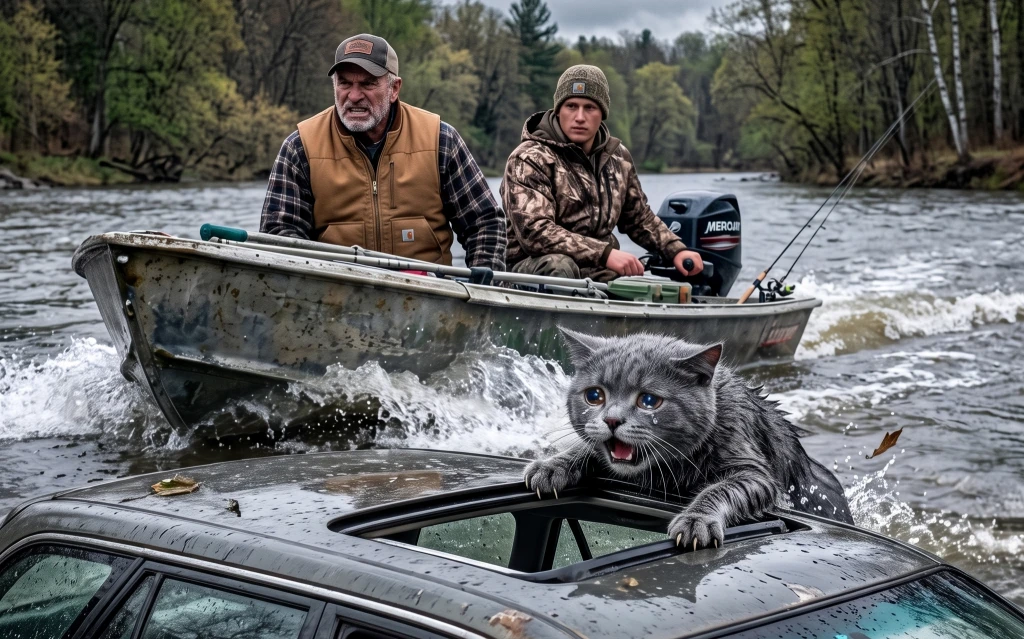 The Cat Clung to a Sinking Car… When the Fishermen Learned Who Was Still Inside, They Risked Everything