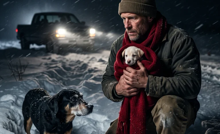 A Former Navy SEAL Rescued a Dog Carrying a Puppy Through a Blizzard—Then His Late Wife’s Red Scarf Exposed the Secret He Had Hidden From Her Daughter