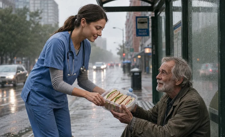 She Gave Her Lunch to the Homeless Man at Her Bus Stop—Then He Handed Her an Envelope Addressed to the Woman Who Had Tried to Bring Him Home