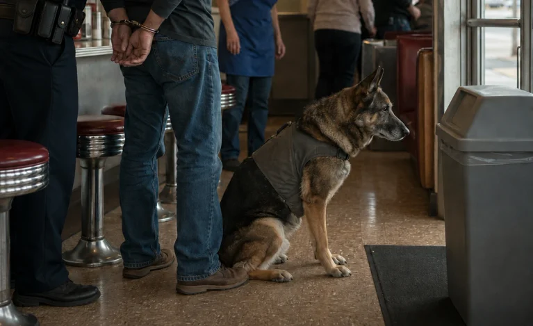 They Handcuffed the Veteran for Refusing to Leave—Then His Retired Military Dog Sat Beside the Diner’s Trash Bin