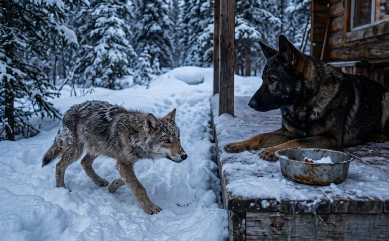 A Grieving German Shepherd Shared His Bowl With a Wild Wolf Pup—Then the Blizzard Came