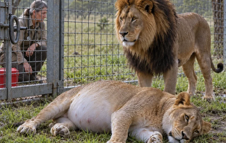 The Lion Wouldn’t Leave His Collapsed Mate—Then the Keeper Tapped a Blue Pan Twice