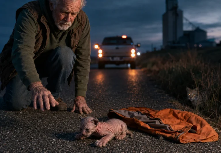 He Found a Completely Hairless Kitten in Highway Traffic—Then a Security Camera Revealed How She Got There