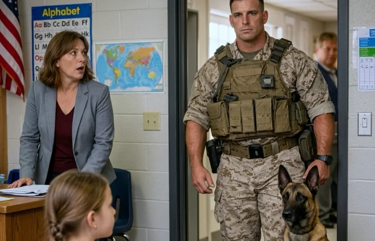 Her Teacher Threw Her Project in the Trash and Made Her Apologize. The Next Morning, Her Marine Father Walked Into Class With His K9