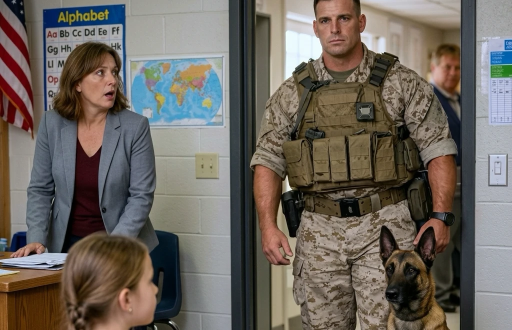 Her Teacher Threw Her Project in the Trash and Made Her Apologize. The Next Morning, Her Marine Father Walked Into Class With His K9