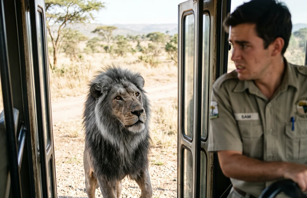 An Old Lion Entered a Stalled Tour Bus and Rested His Head on an Elderly Man’s Knees! Then the Man Found a Wound Hidden Beneath His Mane...