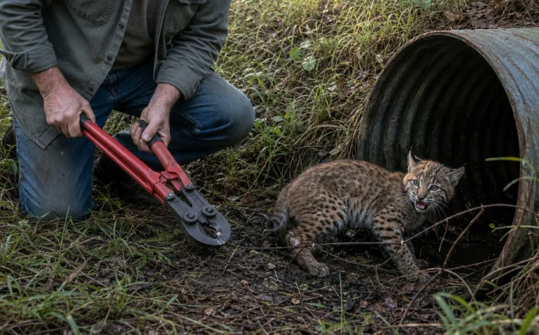 He Found a Bobcat Kitten Caught in His Own Wire—Then the Rehabilitator Saw the Blue Mark Above Her Family’s Den