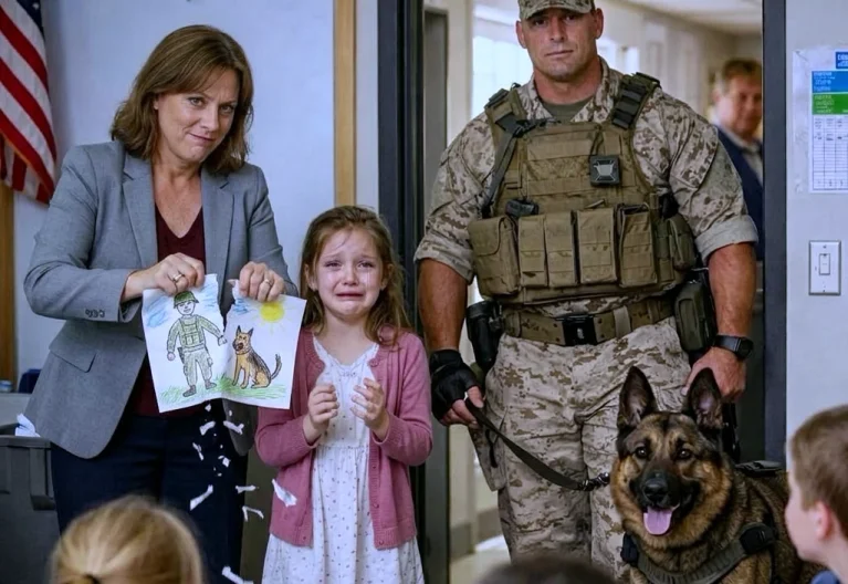Her Teacher Threw Her Hero Report in the Trash and Made Her Apologize! The Next Morning, a Marine and His Dog Stood Outside the Classroom...